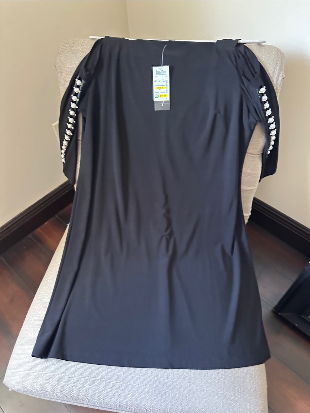 NWT steinmart Black Pearl-rhinestone open shoulder Sleeve Women's Top PXL
